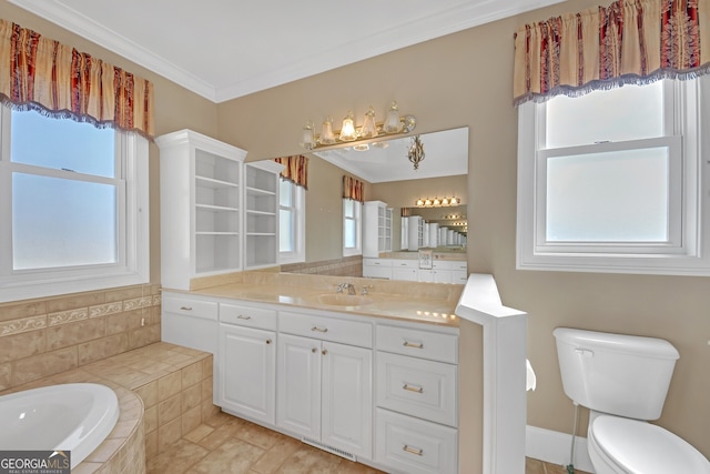 full bathroom with ornamental molding, a relaxing tiled tub, vanity, and toilet