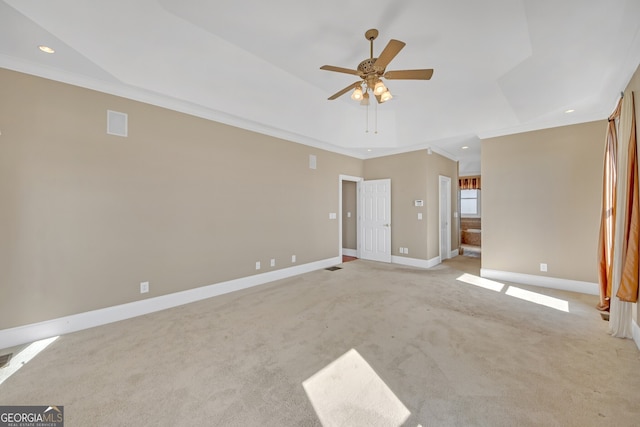 unfurnished bedroom featuring recessed lighting, light carpet, crown molding, and baseboards