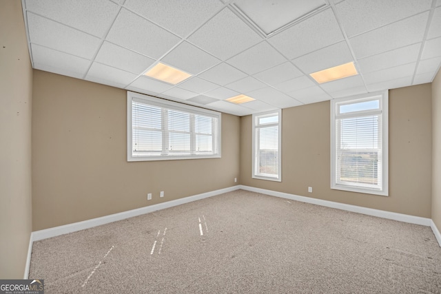 empty room featuring carpet floors, baseboards, and a paneled ceiling