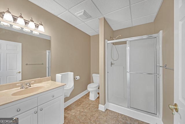 full bathroom with a drop ceiling, toilet, visible vents, baseboards, and a stall shower