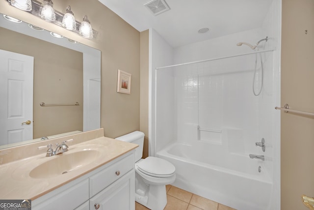 bathroom featuring shower / bathtub combination, tile patterned flooring, toilet, vanity, and visible vents