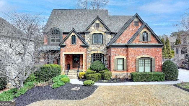 french provincial home featuring stone siding, brick siding, and roof with shingles