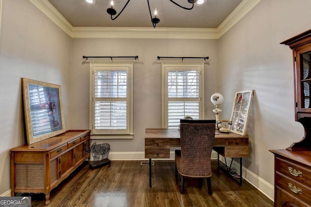 office with dark wood-style floors, baseboards, an inviting chandelier, and crown molding