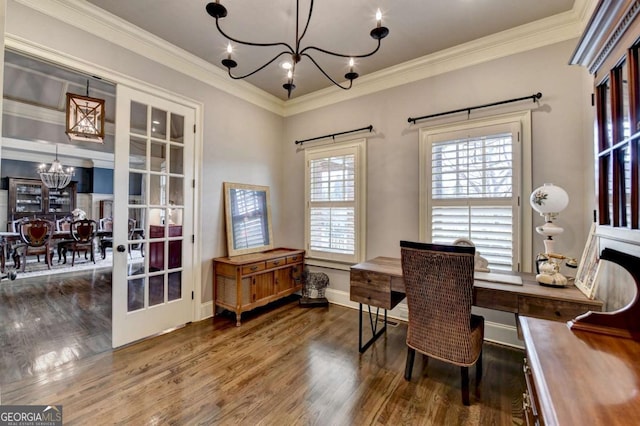 office with baseboards, ornamental molding, wood finished floors, french doors, and a chandelier