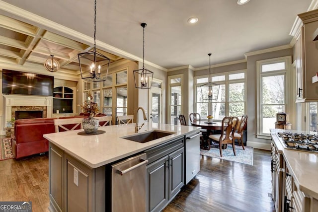 kitchen with a fireplace, stainless steel appliances, a sink, and light countertops