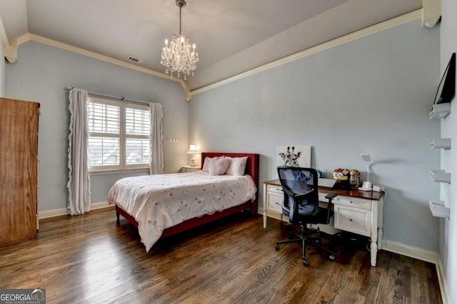 bedroom featuring baseboards, visible vents, wood finished floors, vaulted ceiling, and crown molding