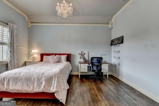 bedroom with a chandelier, crown molding, baseboards, and wood finished floors