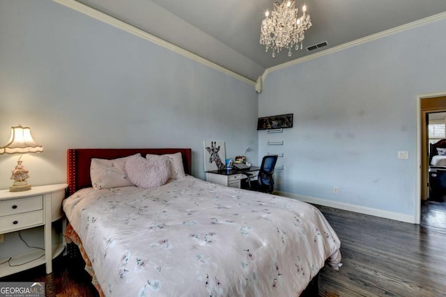 bedroom featuring a chandelier, visible vents, baseboards, ornamental molding, and dark wood finished floors