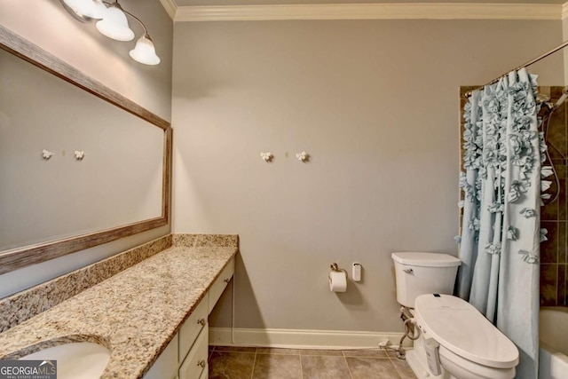 full bath with tile patterned flooring, toilet, vanity, baseboards, and ornamental molding