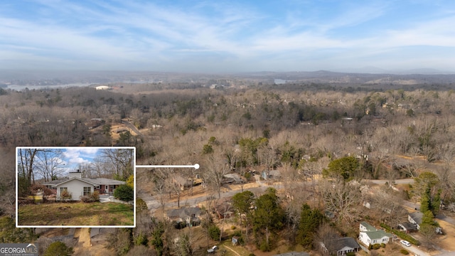 bird's eye view with a wooded view