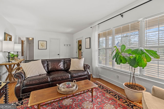 living area featuring baseboards and wood finished floors