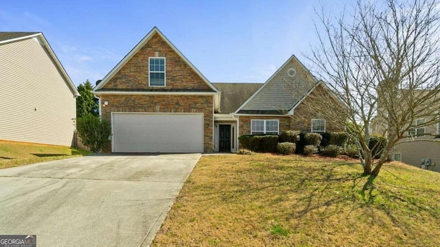 view of front of house with stone siding, a front yard, and concrete driveway