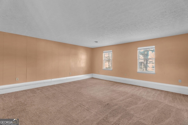 empty room with carpet floors, baseboards, and a textured ceiling