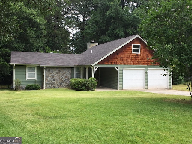 view of front of home featuring a garage, stone siding, driveway, a front lawn, and a chimney