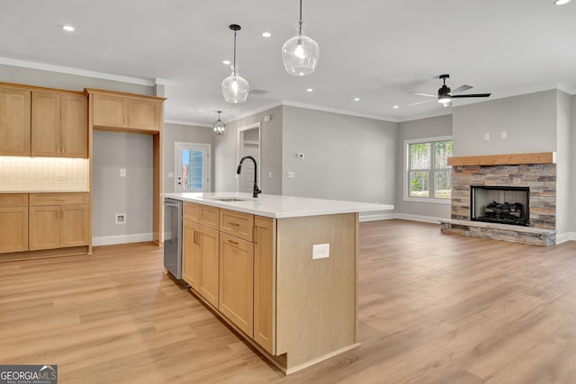 kitchen with light wood-style flooring, a sink, light countertops, dishwasher, and tasteful backsplash