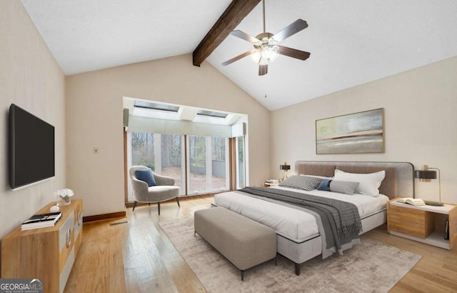 bedroom with baseboards, a ceiling fan, vaulted ceiling with beams, access to outside, and light wood-style floors