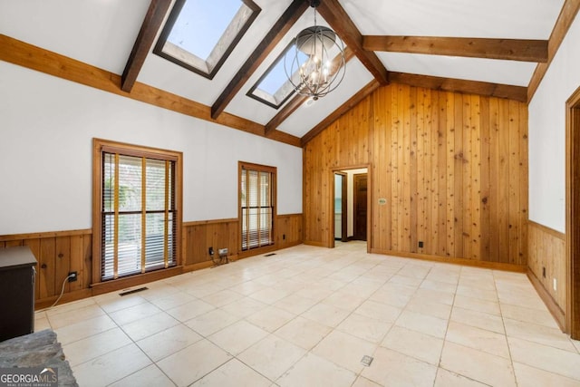 unfurnished living room with a skylight, beam ceiling, visible vents, and wainscoting