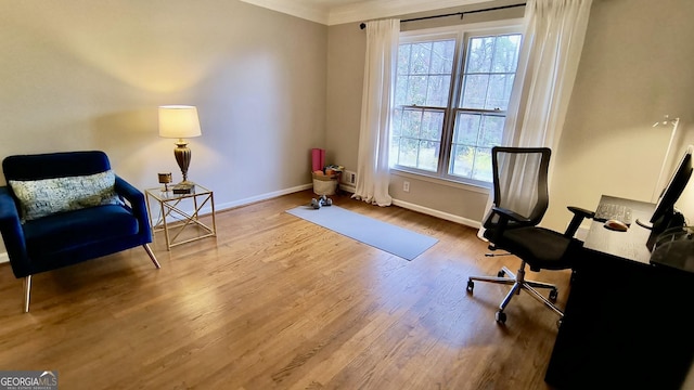 living area with wood finished floors, a wealth of natural light, and baseboards