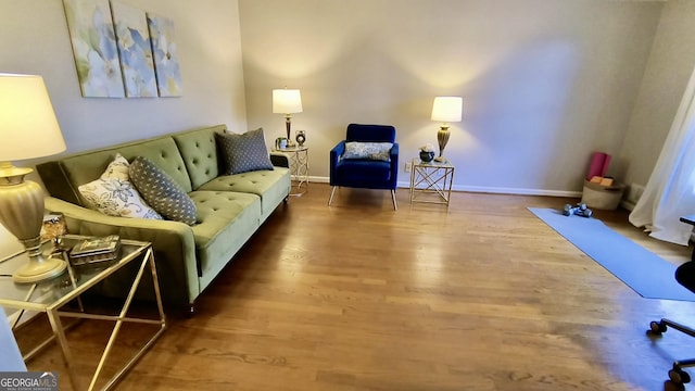 living area with baseboards and wood finished floors