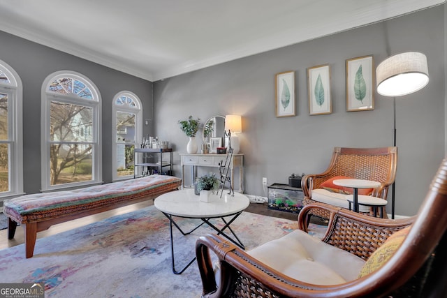 sitting room with baseboards, ornamental molding, and wood finished floors