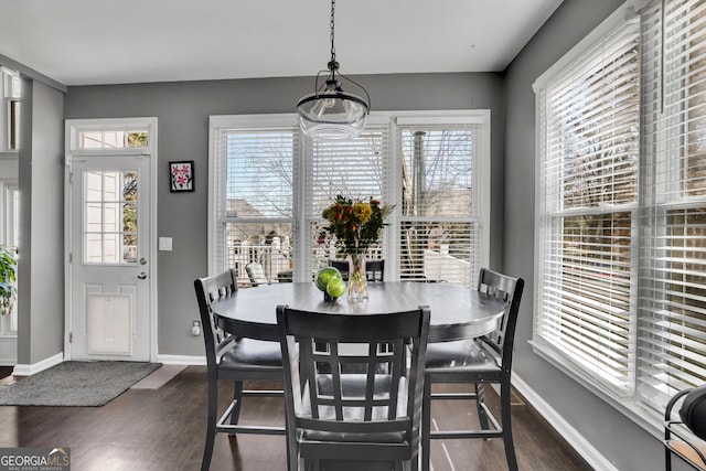 dining room with plenty of natural light, baseboards, and dark wood-type flooring