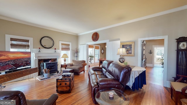 living area with ornamental molding, a wood stove, baseboards, and wood finished floors