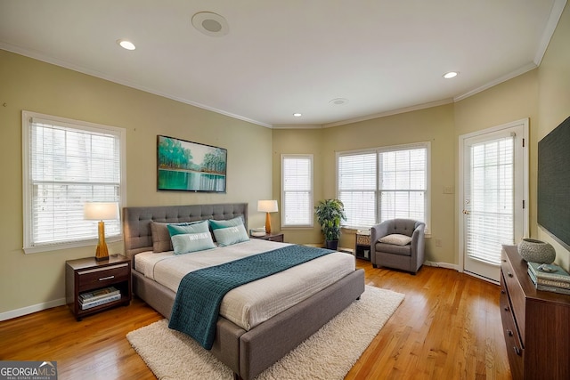 bedroom with light wood finished floors, baseboards, recessed lighting, and ornamental molding