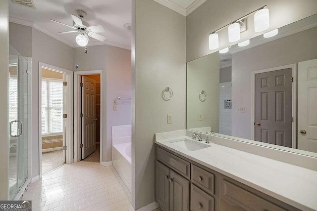 bathroom featuring a bath, ceiling fan, ornamental molding, and vanity