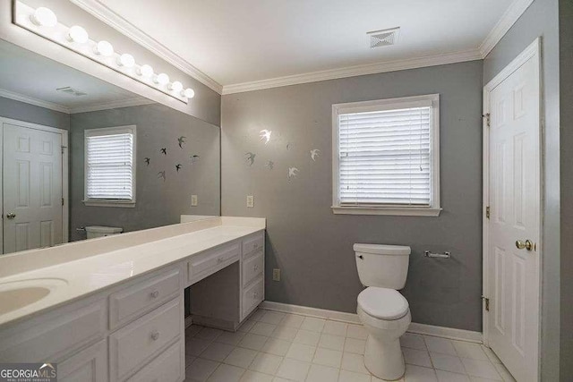 bathroom featuring visible vents, toilet, and crown molding