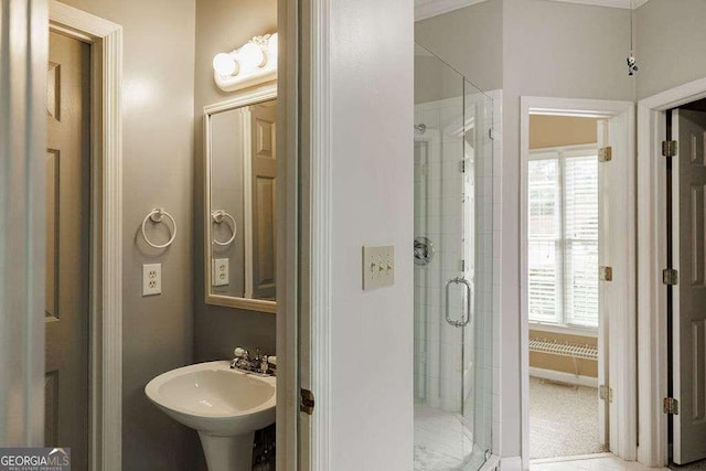 bathroom with plenty of natural light, a sink, and a shower stall