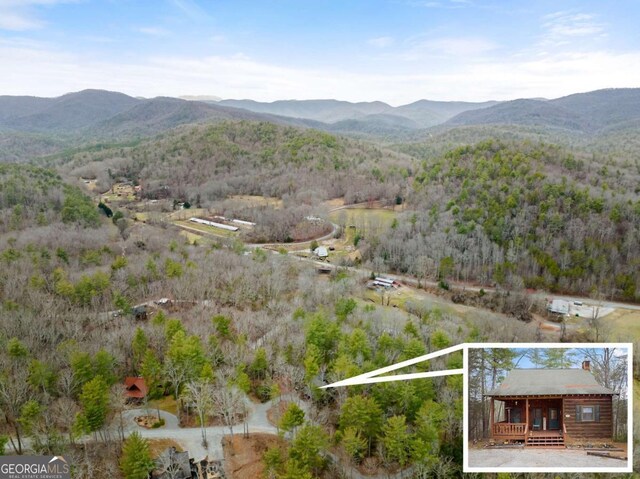 birds eye view of property with a mountain view and a view of trees