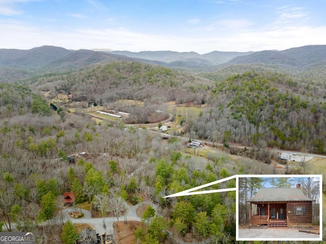 property view of mountains with a wooded view
