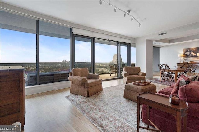 living area with a wealth of natural light, track lighting, visible vents, and wood finished floors