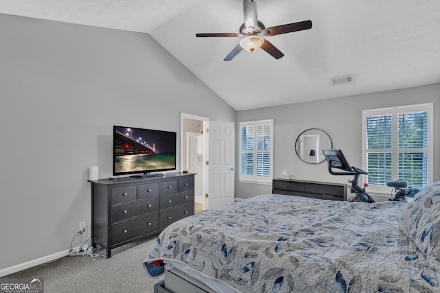 bedroom with visible vents, baseboards, ceiling fan, lofted ceiling, and carpet flooring