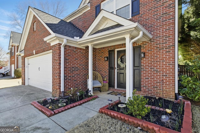 exterior space with brick siding, driveway, a shingled roof, and a garage