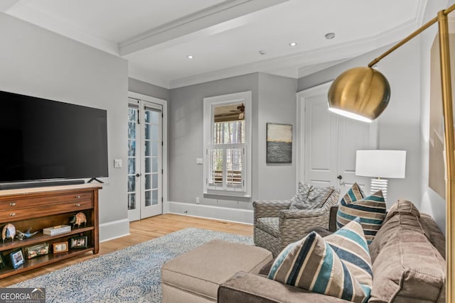 living area with french doors, recessed lighting, wood finished floors, and baseboards