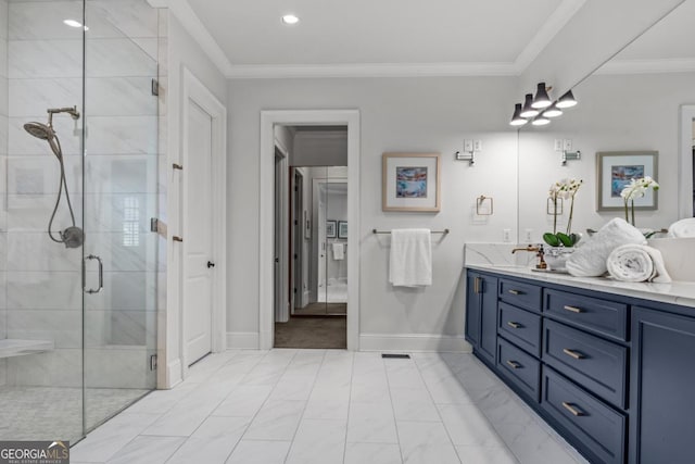 bathroom with ornamental molding, baseboards, a shower stall, and vanity