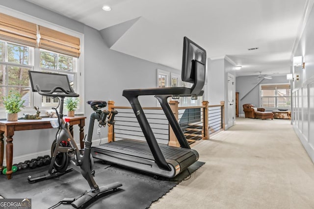 workout area featuring baseboards, visible vents, ceiling fan, carpet floors, and recessed lighting