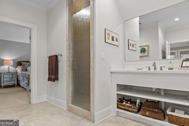 ensuite bathroom with baseboards, ensuite bath, ornamental molding, a shower stall, and recessed lighting