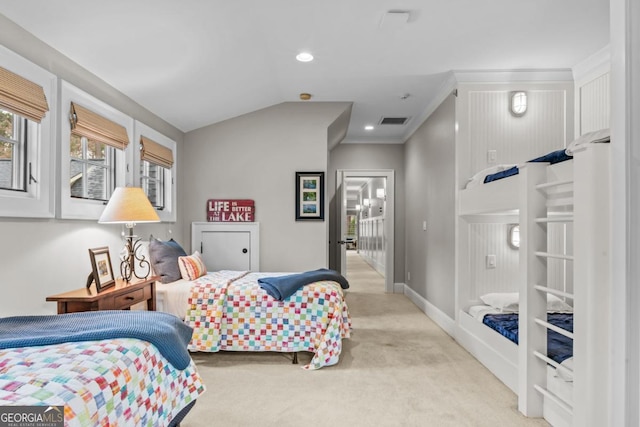 bedroom with light carpet, baseboards, visible vents, vaulted ceiling, and recessed lighting