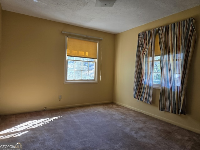 carpeted empty room with a textured ceiling, a wealth of natural light, and baseboards