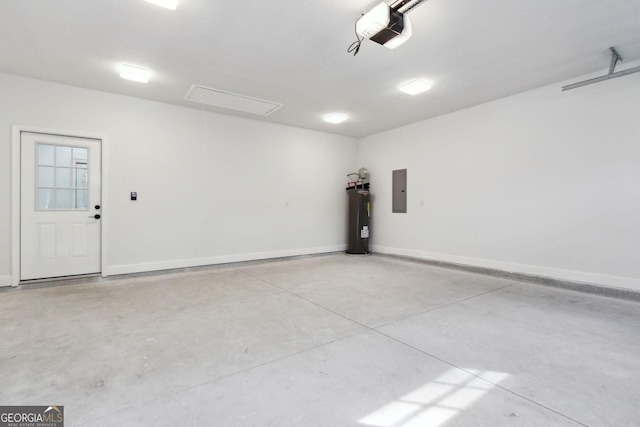 garage featuring electric panel, electric water heater, a garage door opener, and baseboards