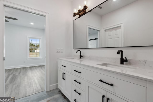 bathroom featuring double vanity, wood finished floors, baseboards, and a sink