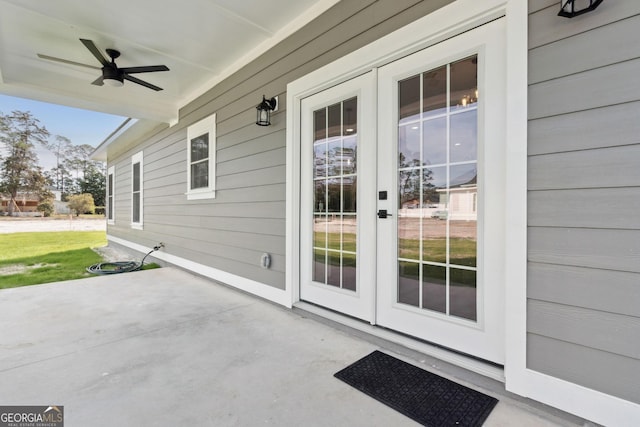 view of patio / terrace featuring french doors and ceiling fan