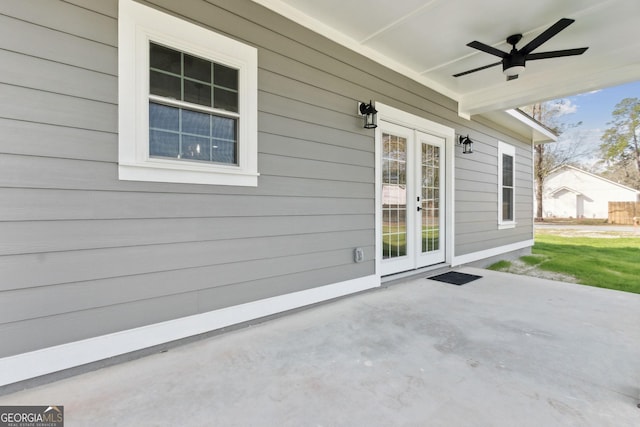 view of patio / terrace with french doors and a ceiling fan