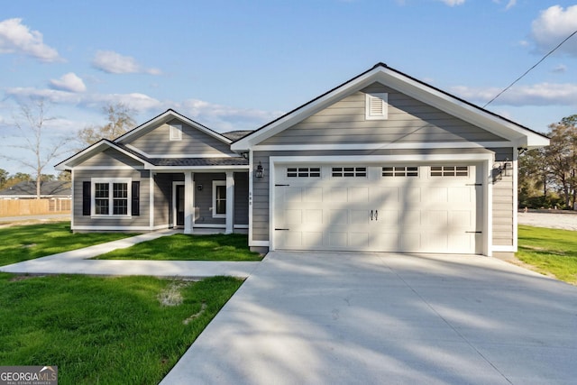 ranch-style house with a garage, concrete driveway, and a front lawn