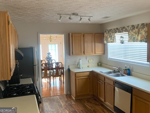 kitchen with dishwasher, black gas range oven, dark wood-style flooring, light countertops, and a sink