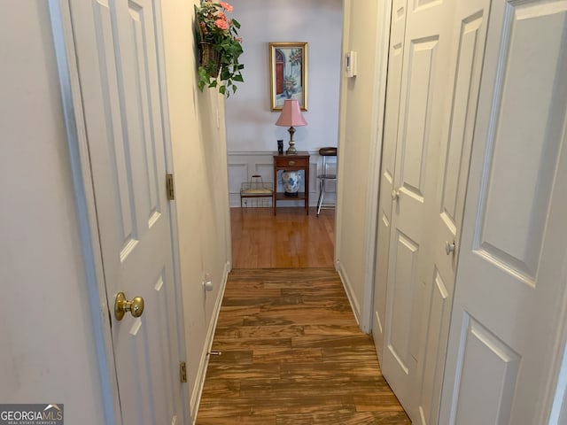 hallway with dark wood-type flooring and a decorative wall