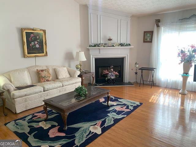 living room with a fireplace, a textured ceiling, and wood finished floors