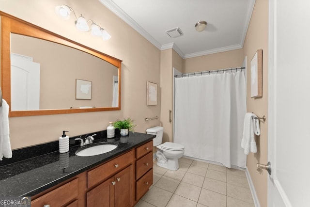 full bathroom with tile patterned flooring, toilet, visible vents, vanity, and ornamental molding